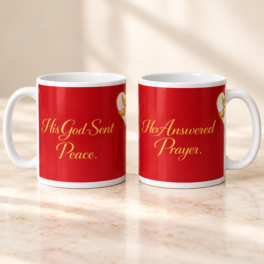 Timeless Love two-mug bundle: His God-Sent Peace and Her Answered Prayer on a warm ivory background